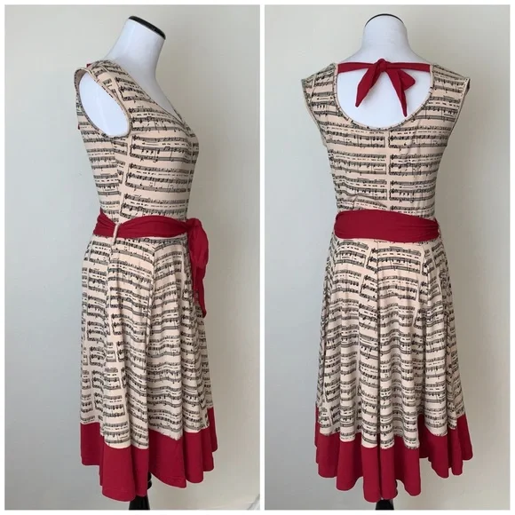 Effie’s Heart Symphony music notes belted tie waist dress women’s size small - Picture 2 of 5